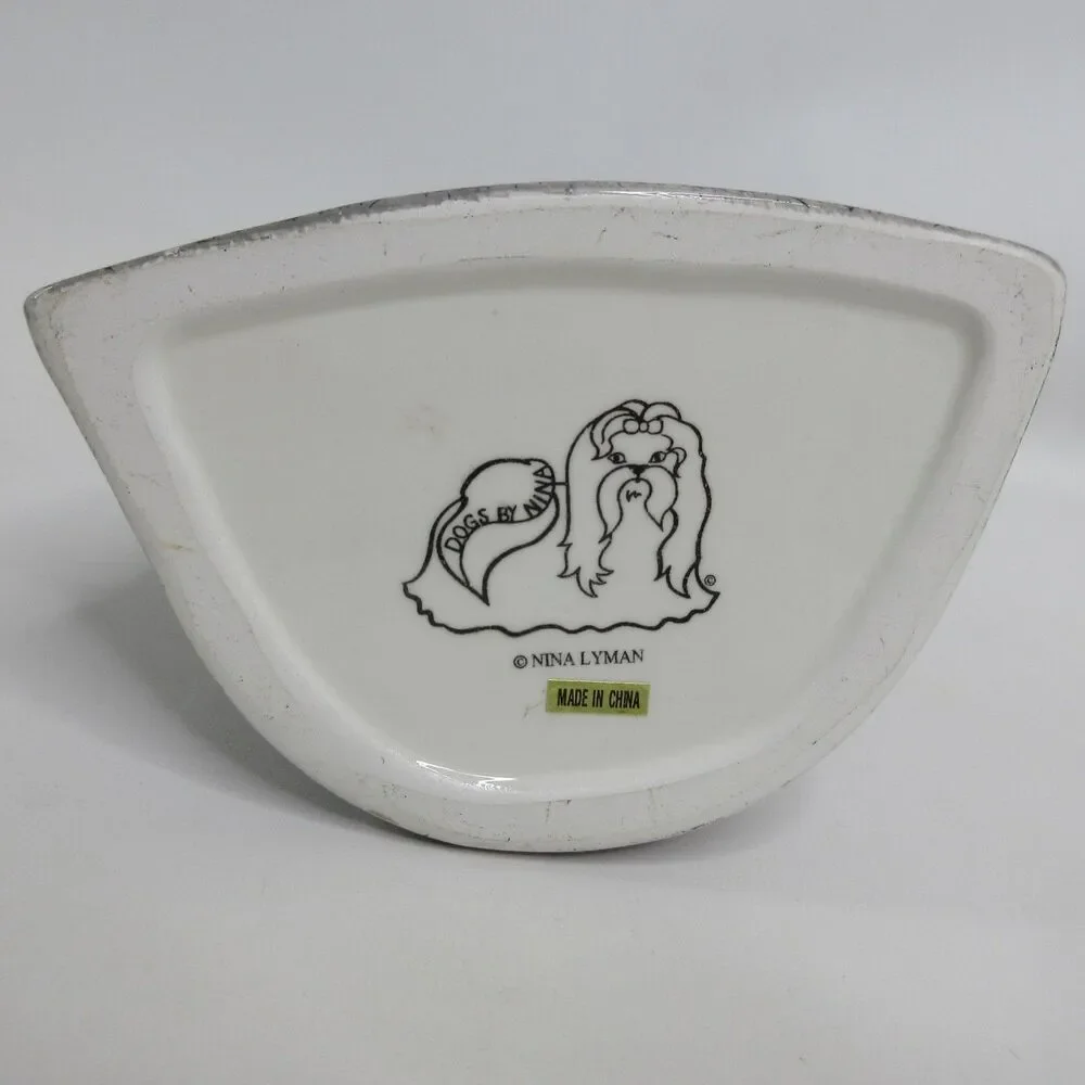 Schnauzer Dog by Nina Lyman Porcelain Vase Hand Painted 8” Tall Black Gray